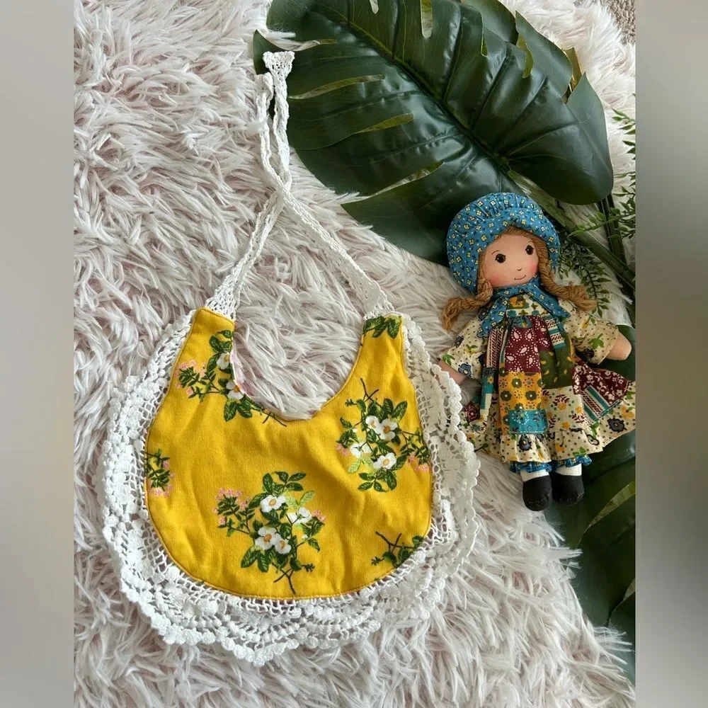 Matilda Jane Pink Yellow Gingham Floral Lace Reversible Bib Cottage Shabby Chic
